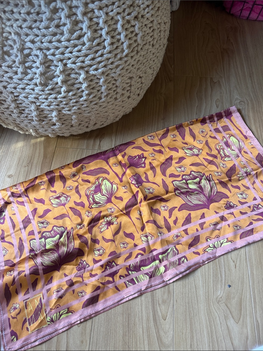 Anna Floral Satin Scarf in Mustard Yellow and Purple